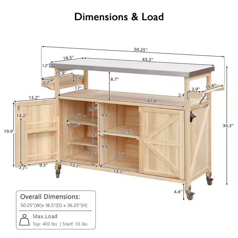 Îlot de cuisine d'extérieur Okak avec plateau en acier inoxydable, chariot de cuisine en bois avec portes, étagères et porte-épices, îlot de cuisine roulant
