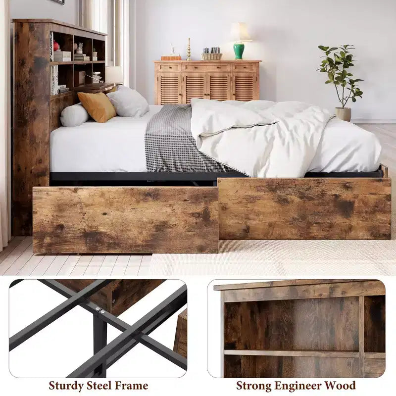 Cadre de lit complet avec tête de lit de rangement, cadre de lit en bois avec 4 tiroirs, bibliothèque de rangement et lit plateforme King Size avec support métallique robuste