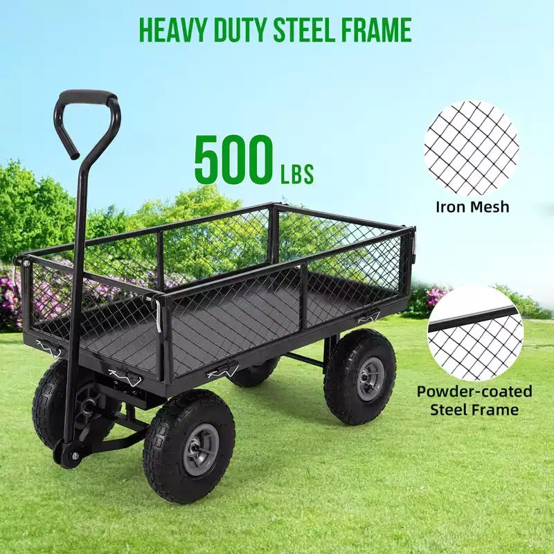 Chariot de jardin robuste en acier, 227 kg, chariot utilitaire pliant avec côtés et doublure en maille amovibles, pneus pneumatiques de 25,4 cm, poignée de traction