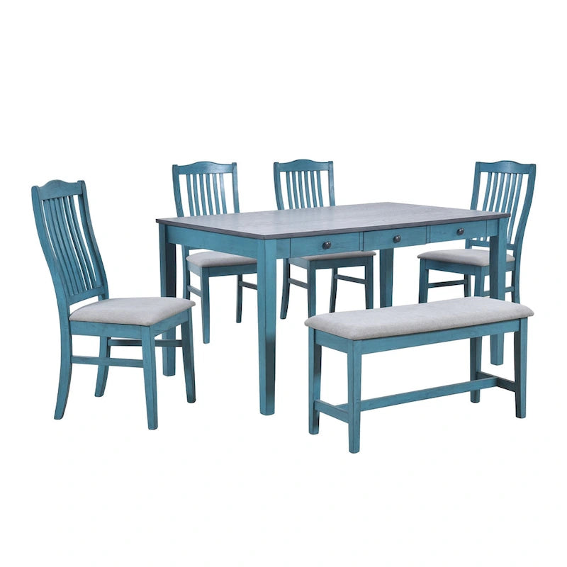 Ensemble de salle à manger 6 pièces en bois avec 4 chaises et un banc, table avec tiroir