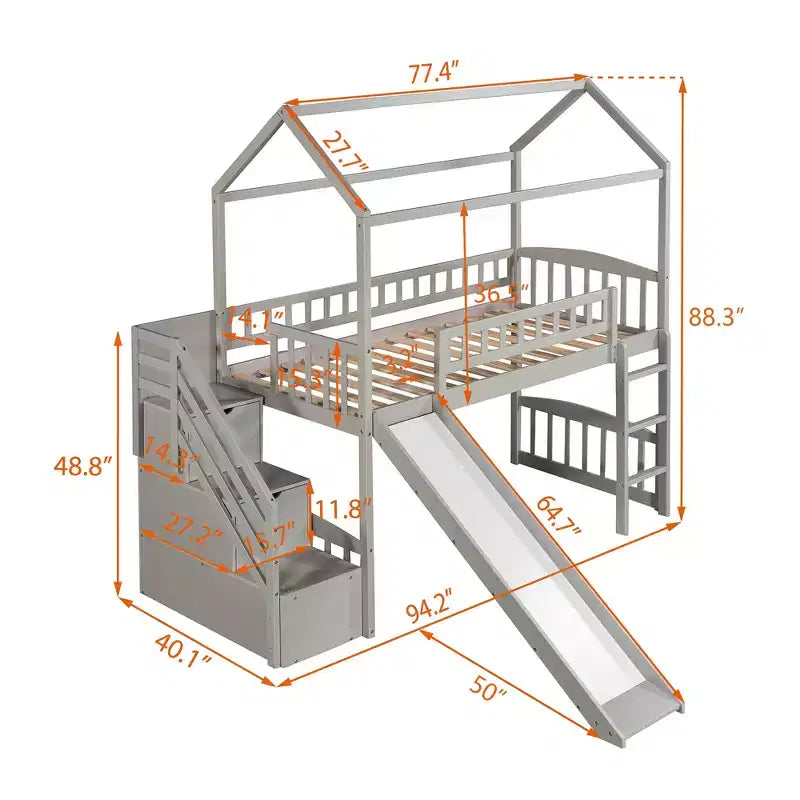 Lit mezzanine jumeau avec toboggan et escalier, lit mezzanine avec tiroirs de rangement, lit mezzanine cabane en bois pour enfants et tout-petits