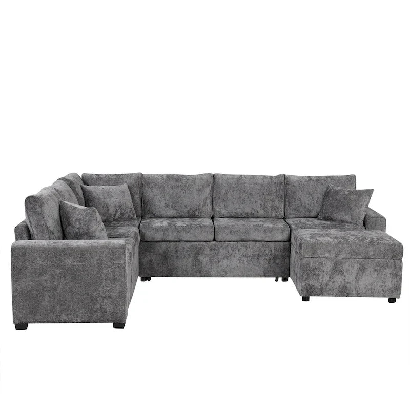 Canapé d'angle en chenille convertible, canapé-lit en forme de L avec pouf de rangement, 3 oreillers et dispositifs de charge