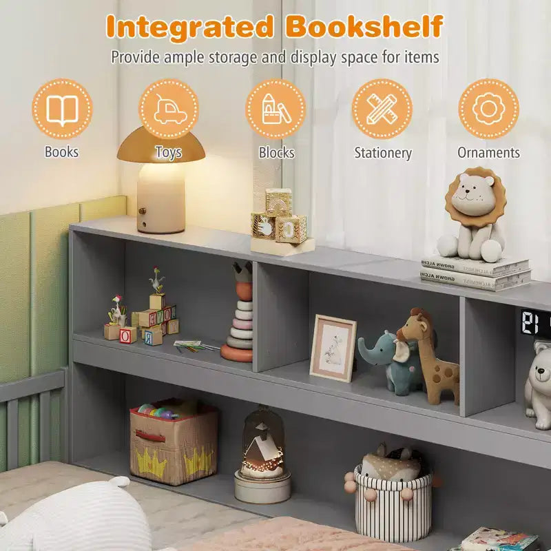 Lit de sol Montessori double/complet avec étagères de rangement et barrières de sécurité Blanc/Gris