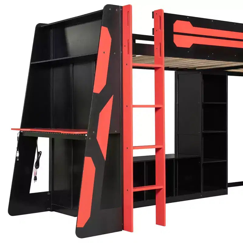 Lit mezzanine de jeu en L avec bureaux, lits superposés doubles avec lumières LED, ports USB, étagères de rangement, lit mezzanine d'angle en bois pour 2 personnes