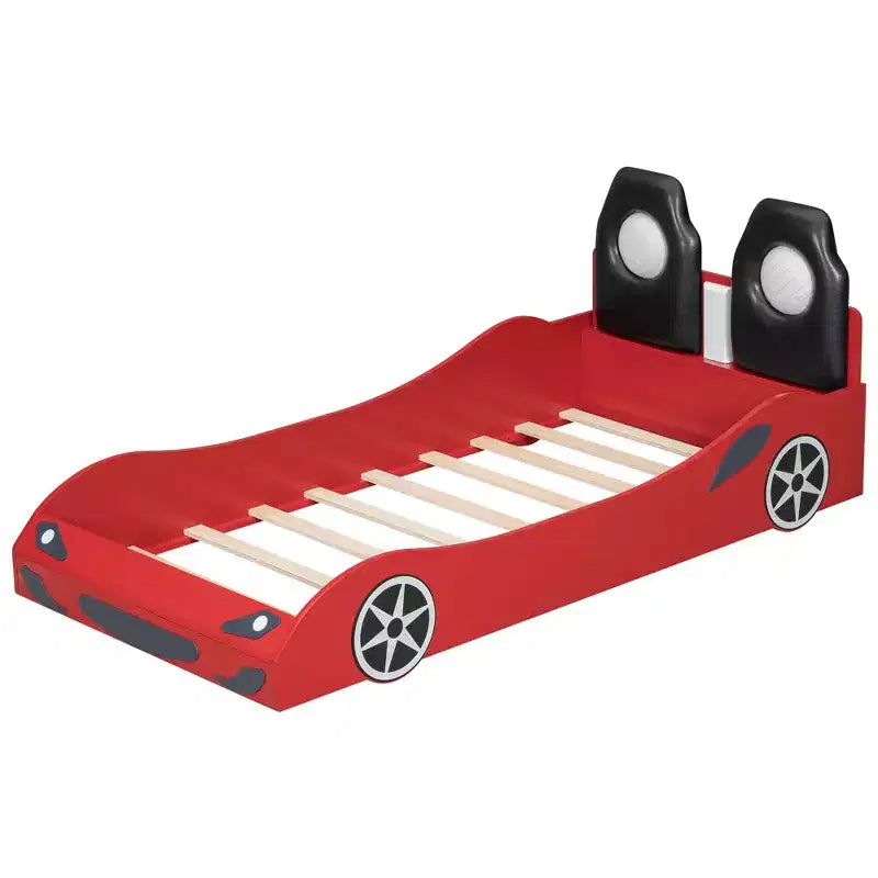 Lit plateforme Whisen Wood en forme de voiture de course, taille double, avec LED et dossier rembourré