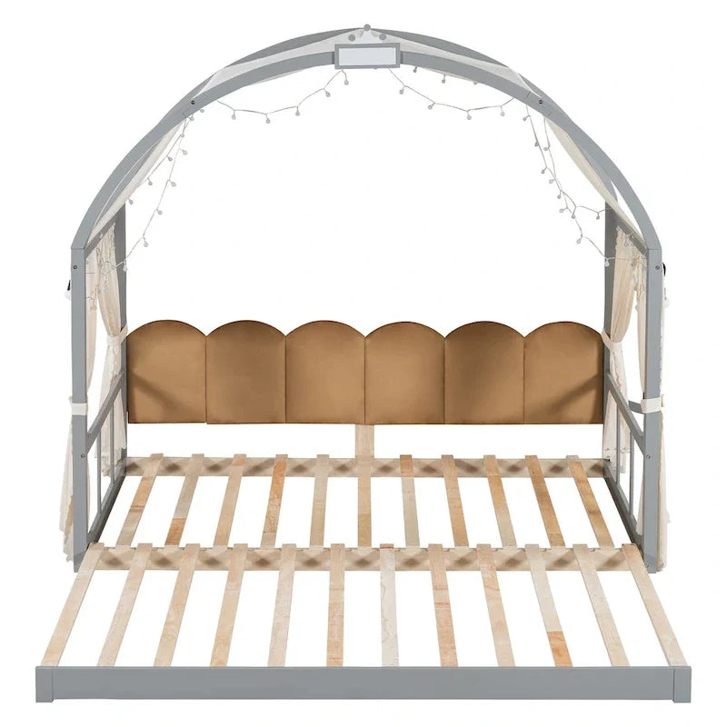 Lit cabane Montessori en bois massif avec plateforme, toit voûté et lit gigogne pour filles et garçons