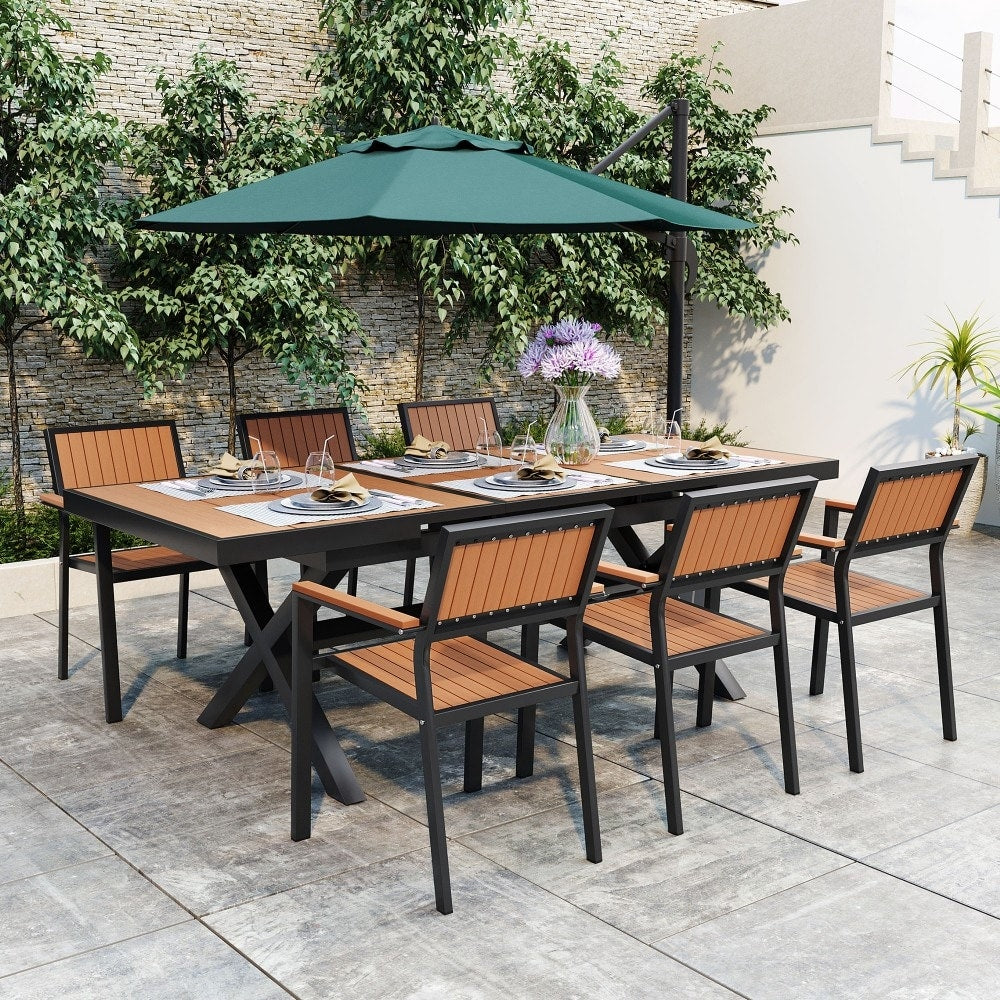 Ensemble de salle à manger d'extérieur moderne de 7 pièces avec six chaises et une table extensible pour terrasse