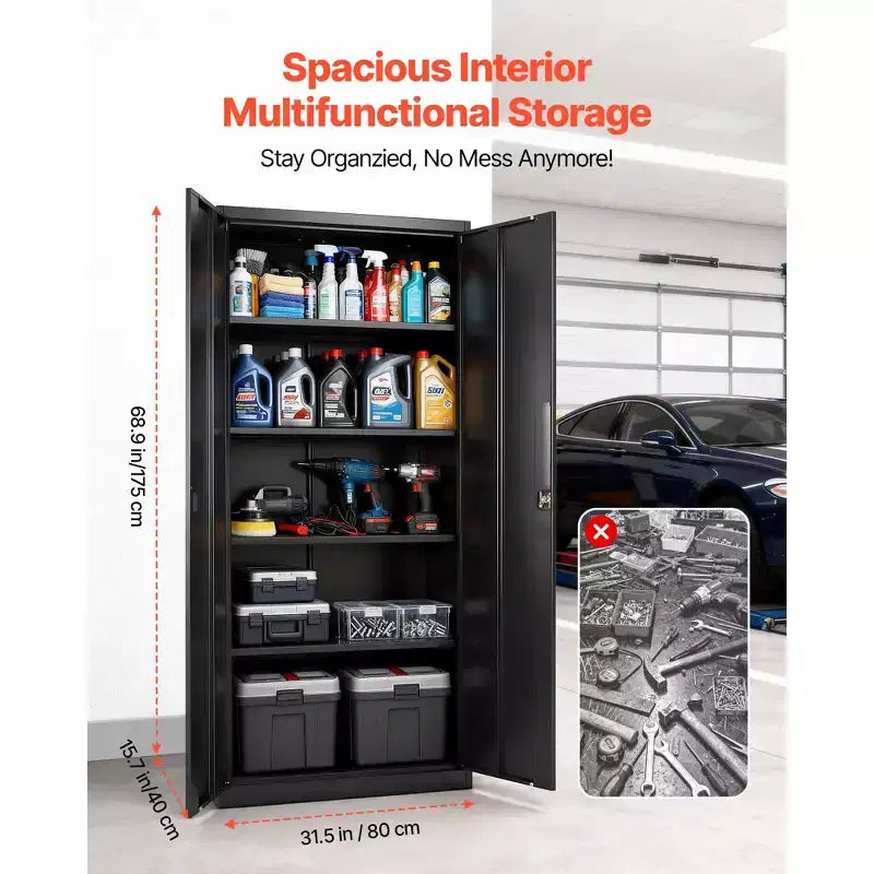 Armoire de Rangement Métallique VEVOR, Meuble de Rangement Verrouillable en Acier de 175 cm avec 4 Étagères Réglables, 2 Portes Magnétiques, 2 Clés, 5 Niveaux de Rangement pour Outils, Noir