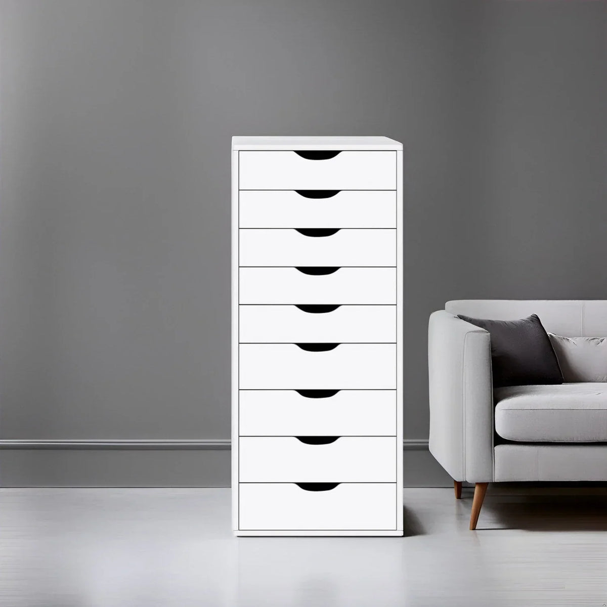 Étroite commode en bois à 9 tiroirs coulissants et étagère de rangement supérieure