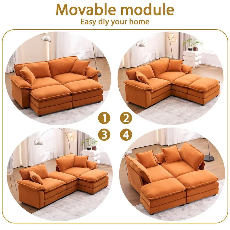 Canapé 2 places avec 2 coussins de siège, 2 oreillers et 2 poufs, canapé confortable - Canapé profond de salon, canapé modulable