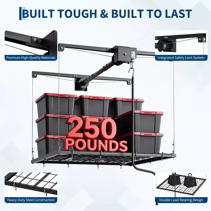 Étagère de rangement de garage robuste réglable, à fixation au plafond avec verrou de sécurité, capacité de 113 kg pour bacs, outils, vélos et garage