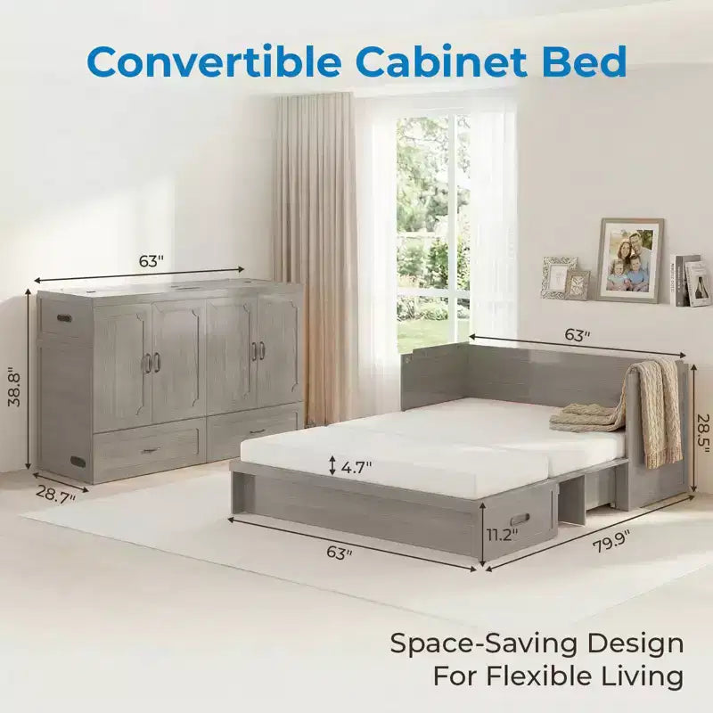 Lit escamotable convertible Queen Size Mjkone avec matelas, chargement USB, tiroirs de rangement