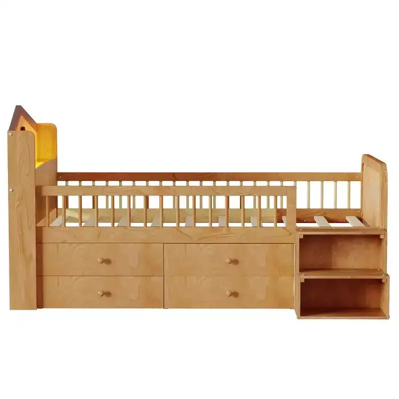 Lit mezzanine bas Whisen avec lumières LED, tête de lit en forme de maison et tiroirs de rangement, construction robuste