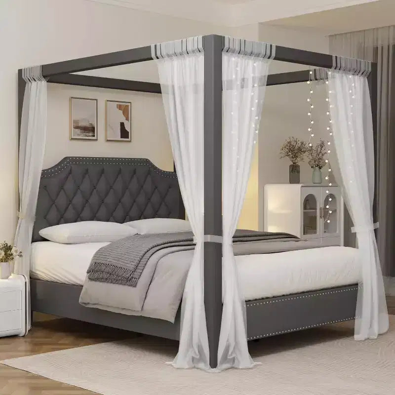 Cadre de lit à baldaquin Queen Size avec 4 poteaux, supports d'angle, sommier à lattes en bois massif, pas besoin de sommier tapissier, sans bruit