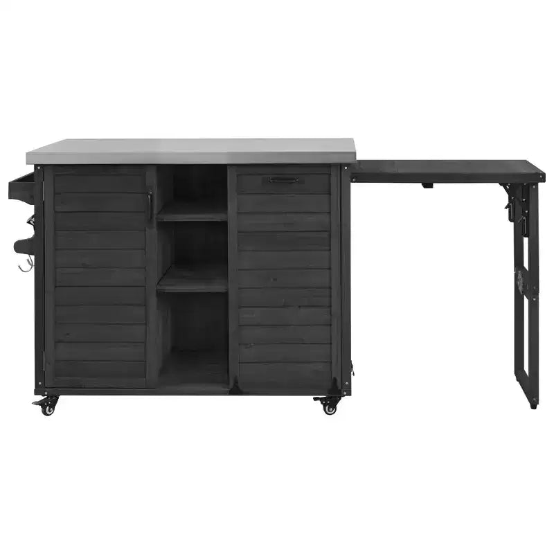 Îlot de cuisine extérieure de 198,9 cm avec comptoir en acier inoxydable, station de barbecue pliable et armoires de rangement, noir