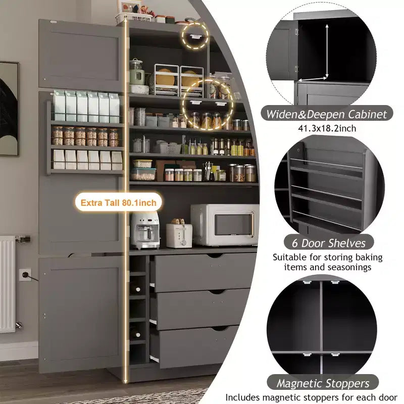 Grand meuble de garde-manger de cuisine avec prises électriques, grand placard autoportant avec support pour micro-ondes, tiroirs, étagères, casiers à vin et étagère de porte