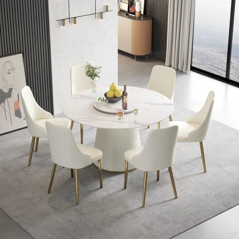 Table à manger ronde de 53 po pour 6 personnes avec plateau en pierre sintérisée et plateau tournant