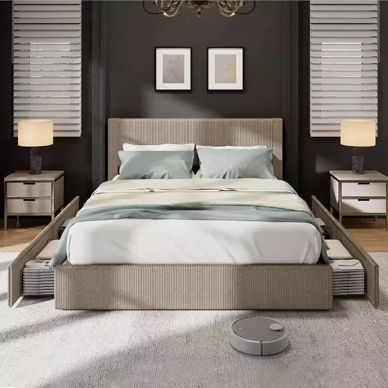 CuisinSmart Cadre de lit en velours côtelé avec tête de lit, cadre de lit rembourré avec plateforme, 4 tiroirs de rangement et support à lattes en bois