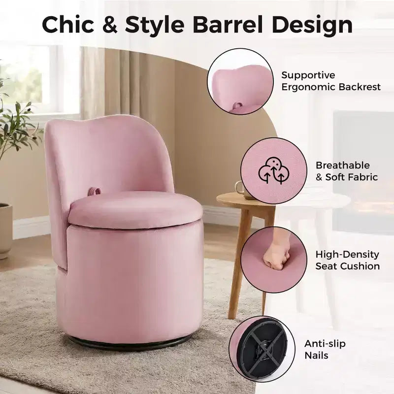 Chaise de vanité pivotante avec rangement, tabouret de maquillage rond rembourré avec dossier, fauteuil d'appoint rembourré doux pour chambre et salon