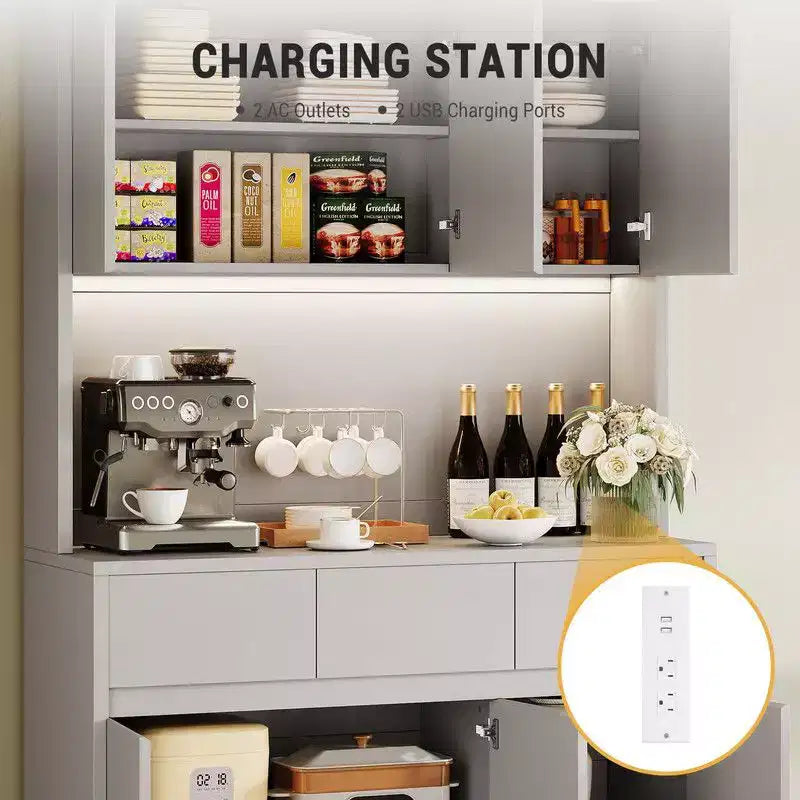 Armoire de cuisine de 71 pouces, vaisselier avec lumières LED et prises de courant, buffet avec support pour micro-ondes, étagères réglables
