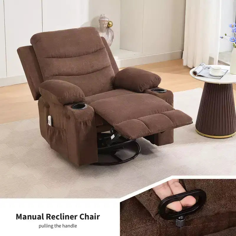 Fauteuil inclinable surdimensionné 360 pivotant et berçant avec massage et chaleur - Fauteuil de salon ergonomique avec porte-gobelets, poches latérales pour salon, chambre de bébé