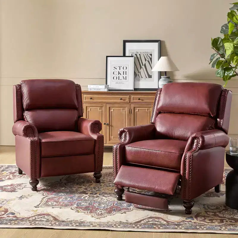 Ensemble de 2 fauteuils inclinables modernes en cuir véritable Elisabete avec garniture cloutée vintage pour salon et chambre à coucher | ART OF LIVING DESIGNS