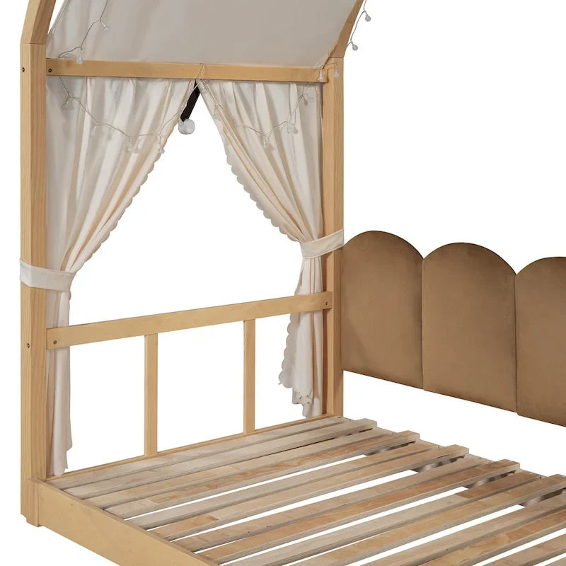 Lit cabane Montessori en bois massif avec plateforme, toit voûté et lit gigogne pour filles et garçons