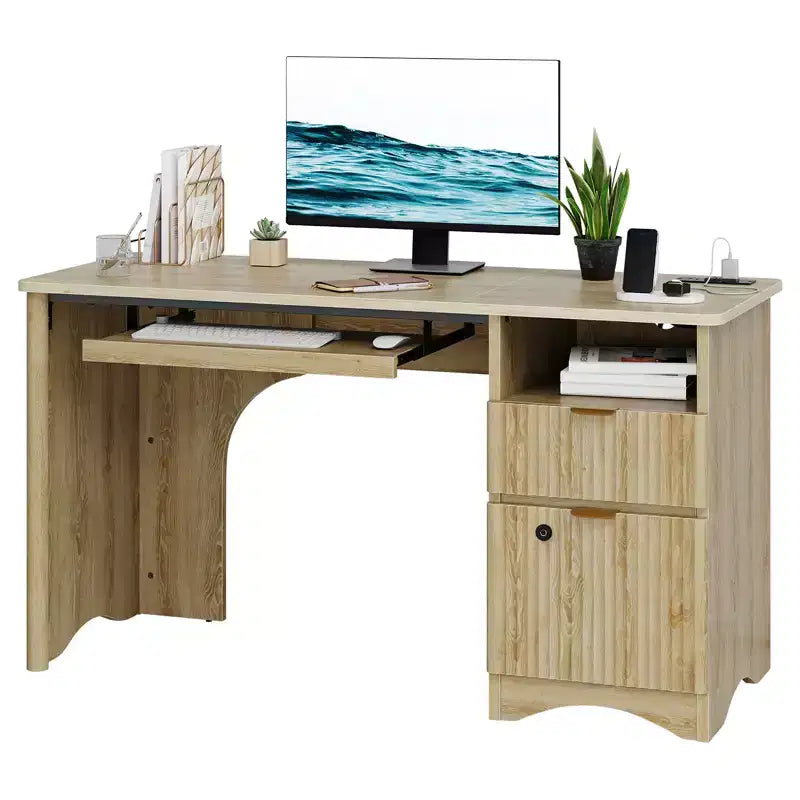 Bureau d'ordinateur intelligent Bestier 55, bureau en chêne avec tiroirs de classement et prise de courant, bureau de direction avec rangement ouvert et tiroir à clavier