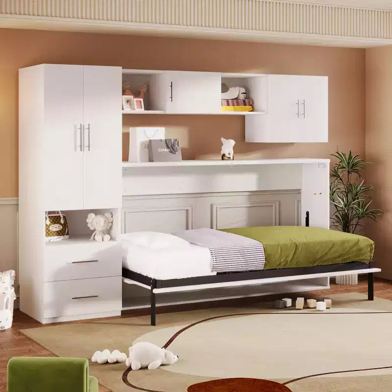 Lit escamotable mural simple, cadre de lit escamotable en bois avec armoire intégrée, tiroirs de rangement et étagères ouvertes, blanc - ModernLuxe