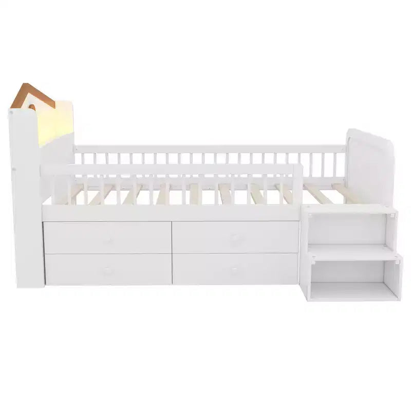 Lit mezzanine bas Whisen avec lumières LED, tête de lit en forme de maison et tiroirs de rangement, construction robuste
