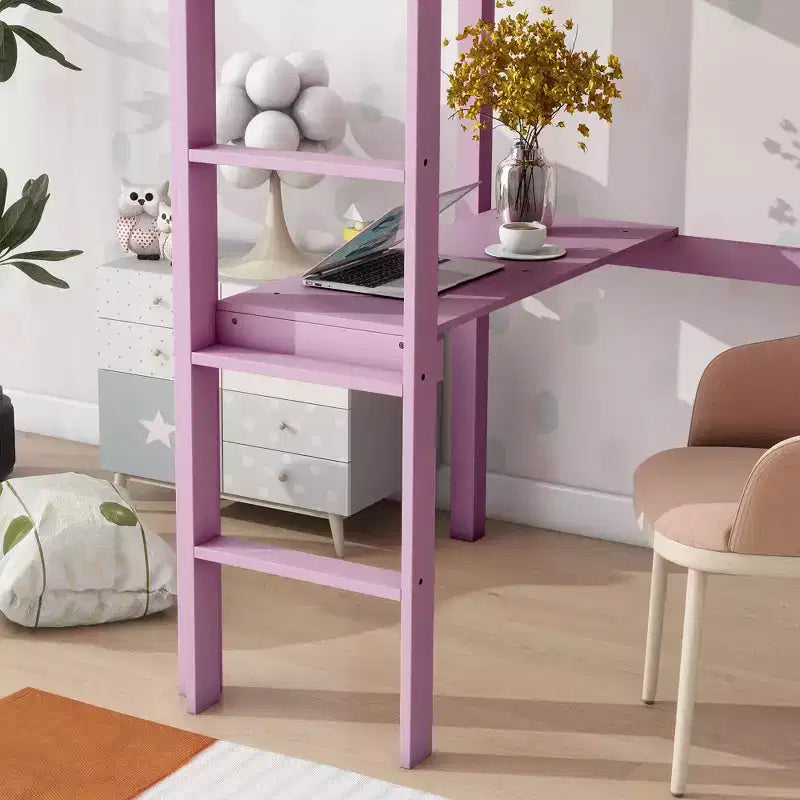 Lit mezzanine Okak Minimalism avec échelle, lit mezzanine simple en bois d'hévéa avec garde-corps de sécurité et bureau intégré, cadres de lit pour enfants, adolescents
