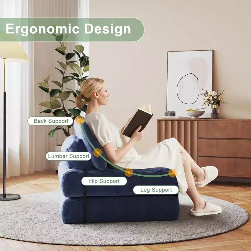 Canapé-lit futon pliant entièrement en velours côtelé, chaise de couchage convertible au sol avec oreiller et dossier
