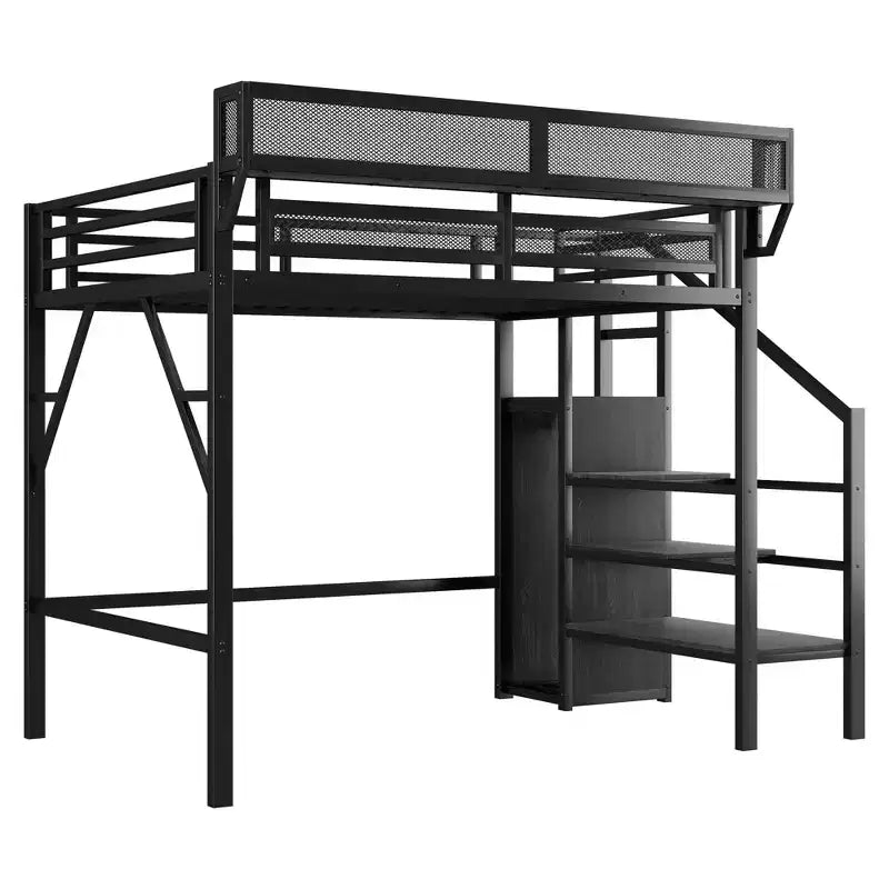 Lit mezzanine jumeau Okak 94IN avec armoire, lit jumeau avec étagères de rangement et panier, cadres de lit pour chambre à coucher, dortoir