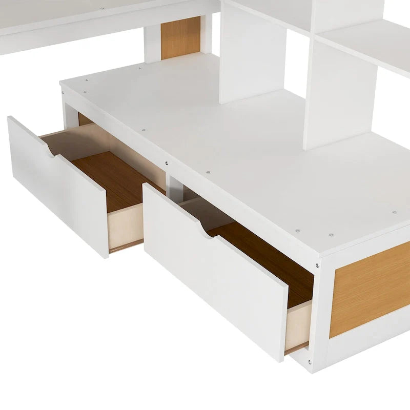 Lit mezzanine en bois massif naturel et blanc avec bureau et tiroirs