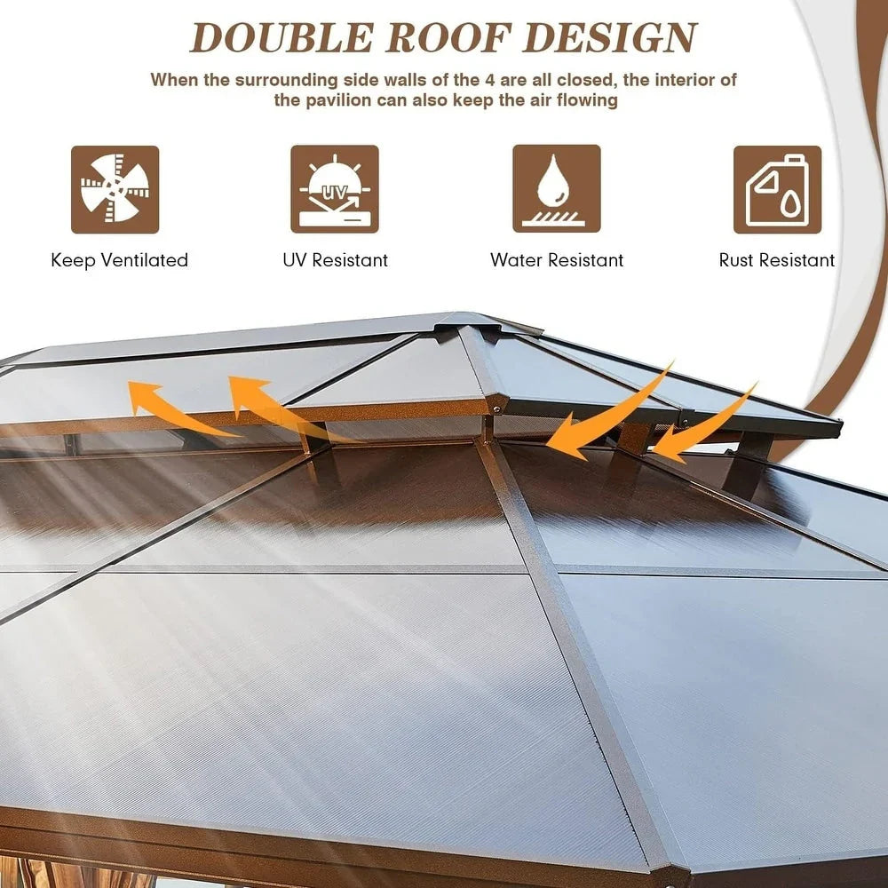 Tonnelle EROMMY à toit rigide, pergola extérieure avec double toit, moustiquaire et rideaux, auvent robuste pour patio, jardin, fête au bord de la piscine