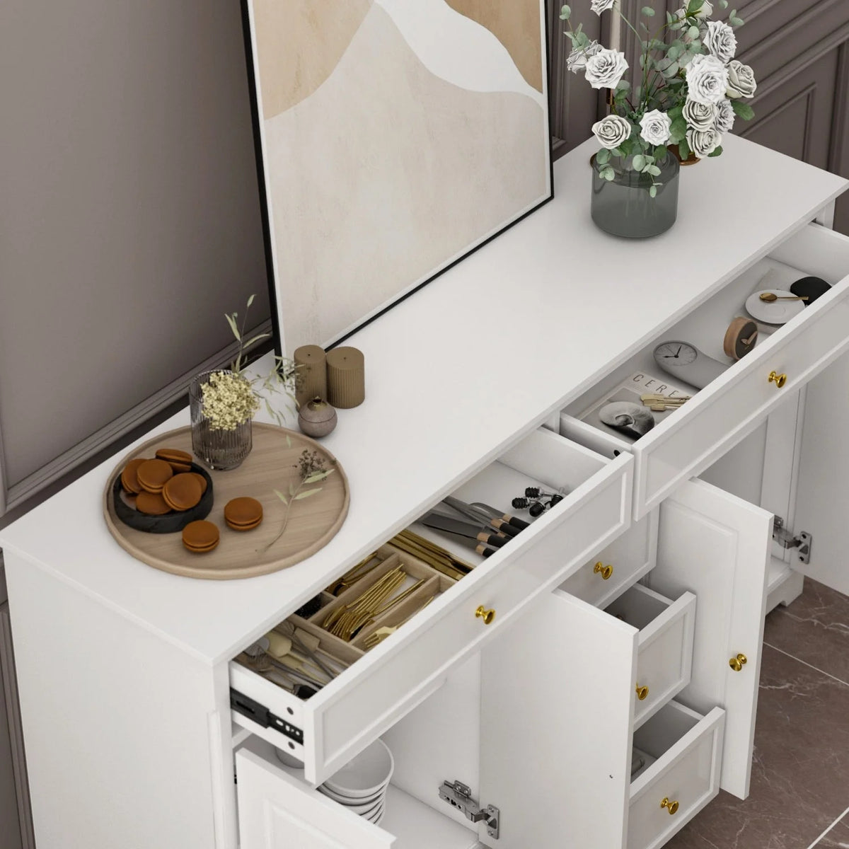 Buffet bahut 150 cm blanc laqué moderne contemporain du milieu du siècle