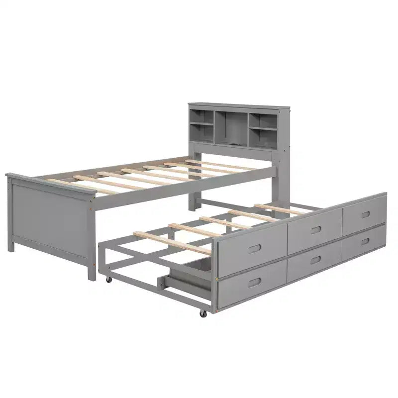 Lit plateforme avec lit gigogne et tiroirs, lit plateforme de rangement avec USB, lit plateforme en bois avec bibliothèque
