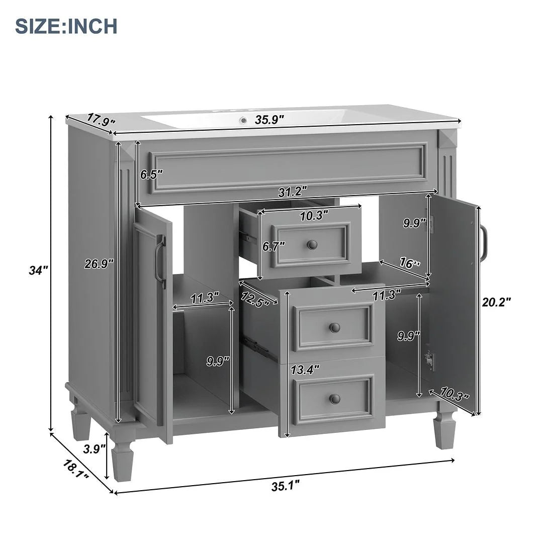 Meuble-lavabo de salle de bain moderne de 91 cm avec lavabo et armoire de toilette, 2 portes et 2 tiroirs