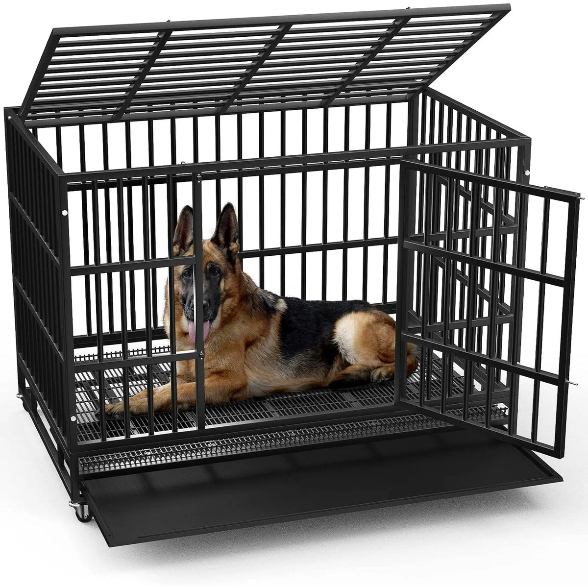 BOSSIN Cage pour Chien Robuste Indestructible 48/38 Pouces, Niche Anti-Évasion avec Roues Verrouillables