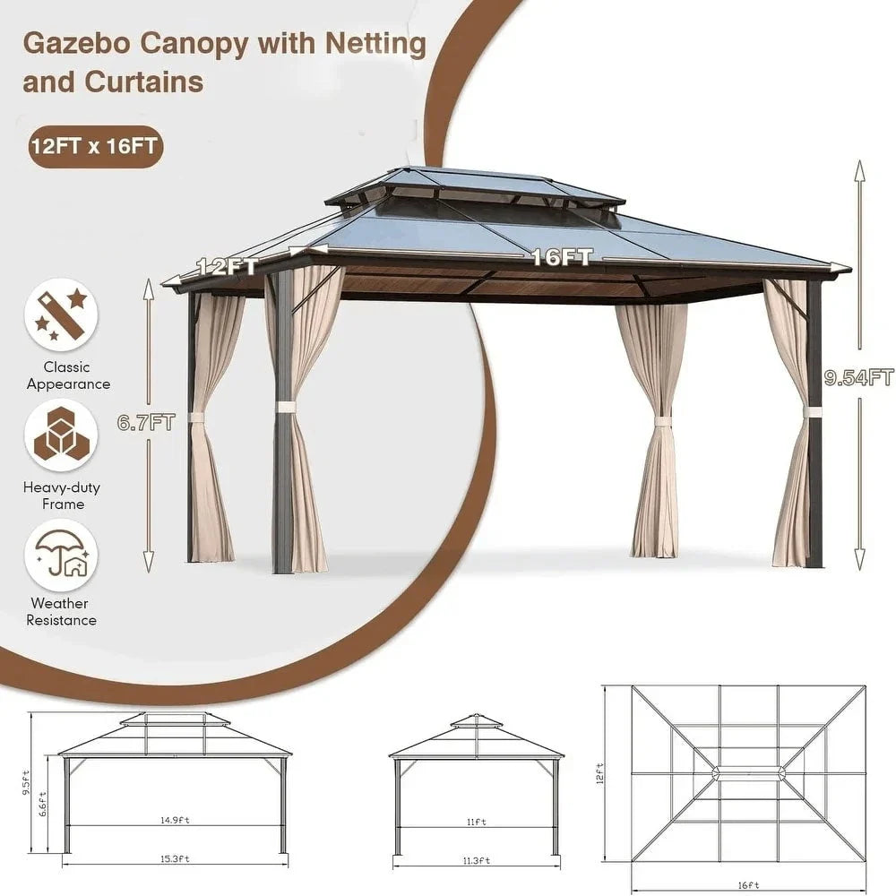Tonnelle EROMMY à toit rigide, pergola extérieure avec double toit, moustiquaire et rideaux, auvent robuste pour patio, jardin, fête au bord de la piscine