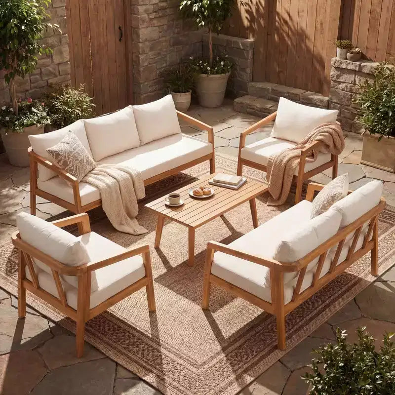 Christopher Knight Home Sunny Salon de jardin moderne 5 pièces en acacia avec table rectangulaire à lattes et 7 places