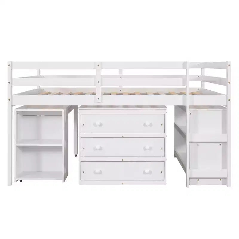 Lit bas mezzanine pleine grandeur avec bureau roulant, 3 tiroirs et étagères