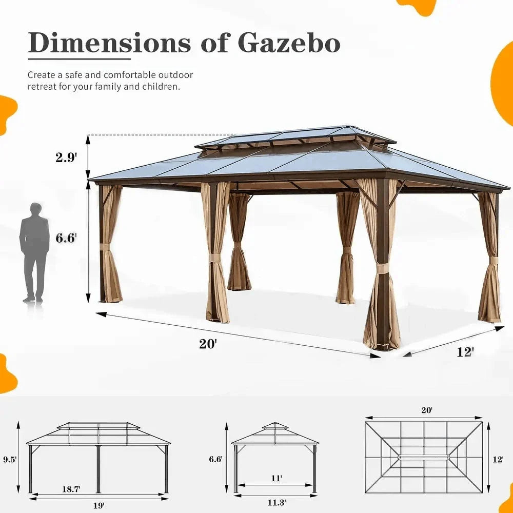Tonnelle EROMMY à toit rigide, pergola extérieure avec double toit, moustiquaire et rideaux, auvent robuste pour patio, jardin, fête au bord de la piscine