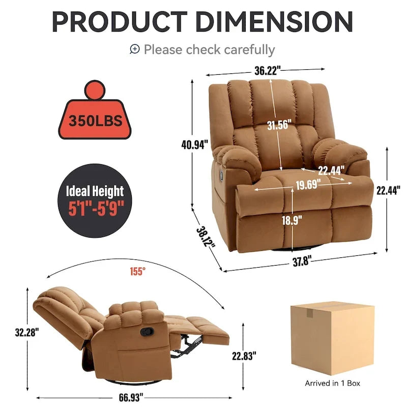 Fauteuil inclinable manuel vert surdimensionné avec pivotement, basculement et revêtement en tissu