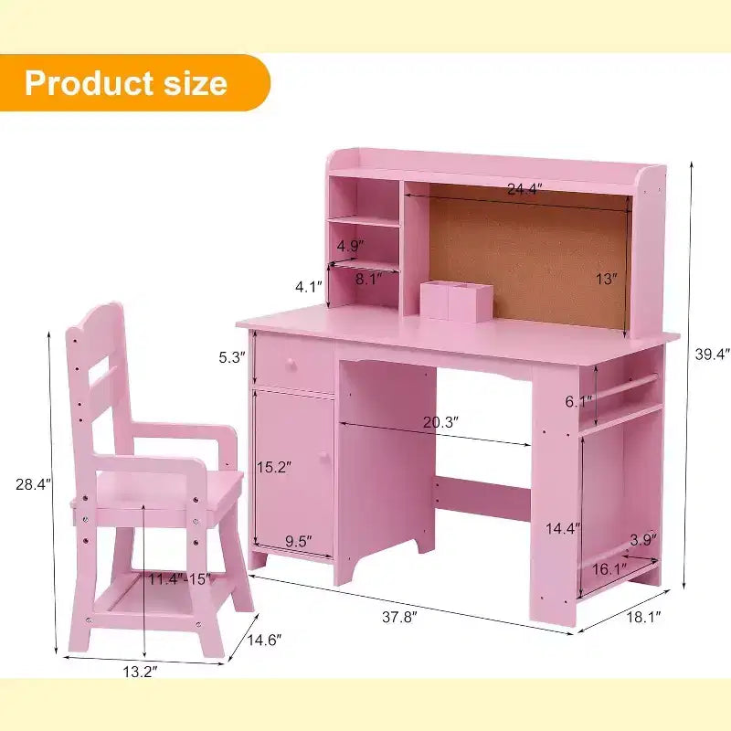 Bureau pour enfants, ensemble bureau et chaise pour garçons et filles, table d'écriture en bois pour enfants avec étagère, tableau d'affichage, armoire et tiroir pour les 3-8 ans