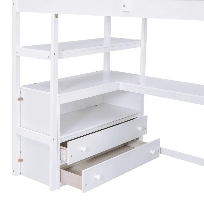 Lit mezzanine taille jumeau avec bureau et étagères, deux tiroirs intégrés, escalier de rangement