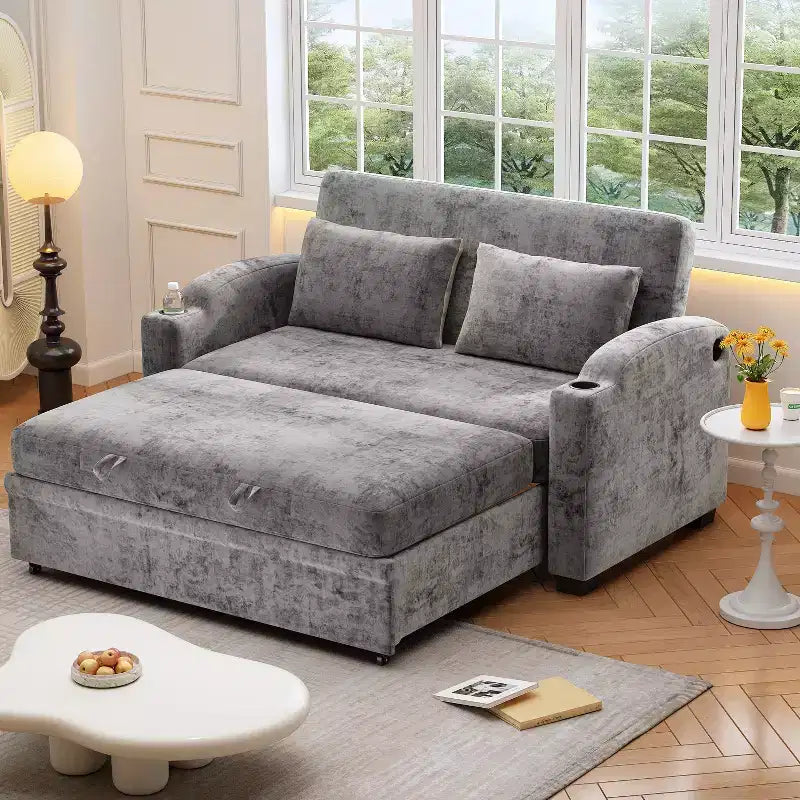 61.6 Canapé-lit convertible moderne en chenille avec ports USB, porte-gobelets et dossier réglable pour salon, appartement