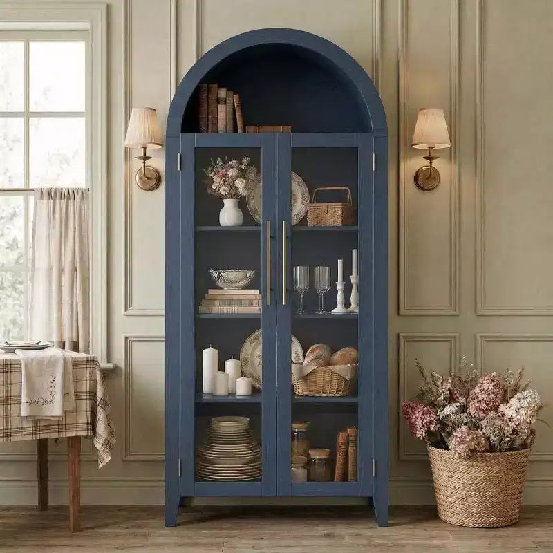 Haut meuble de rangement arqué avec portes vitrées, bibliothèque de présentation à 5 niveaux avec étagères réglables pour cuisine ou salon