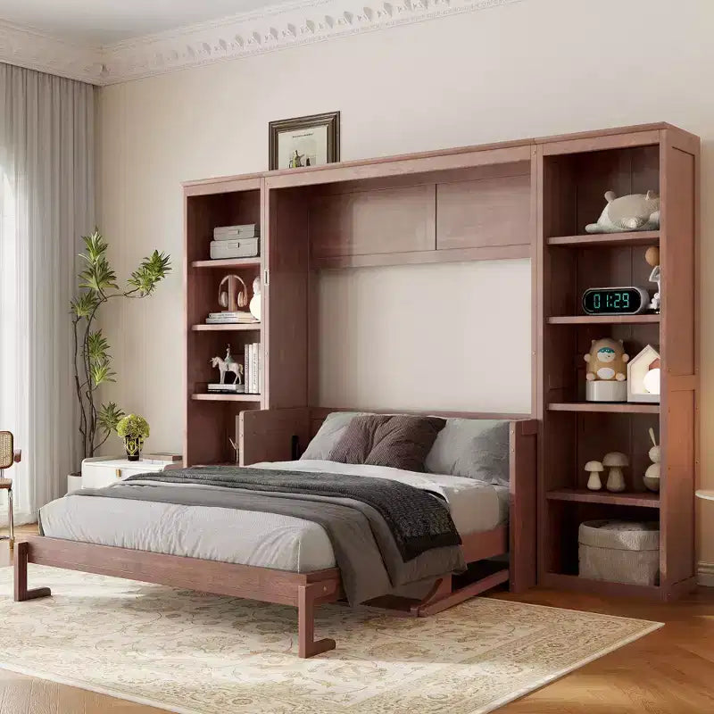 Lit escamotable grand lit/deux places avec bureau et étagère, brun foncé - ModernLuxe