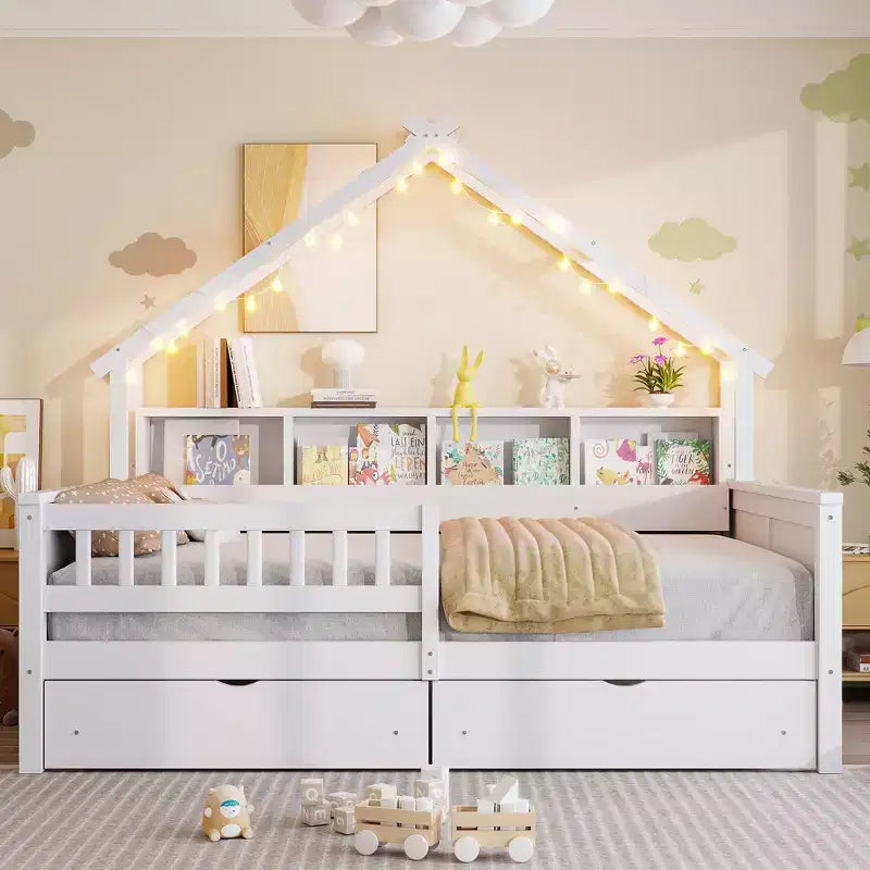 Cadre de lit maison pleine grandeur avec tiroirs, lit plate-forme maison avec lumières LED, étagères de rangement et tiroirs, lit de repos en bois avec toit et garde-corps